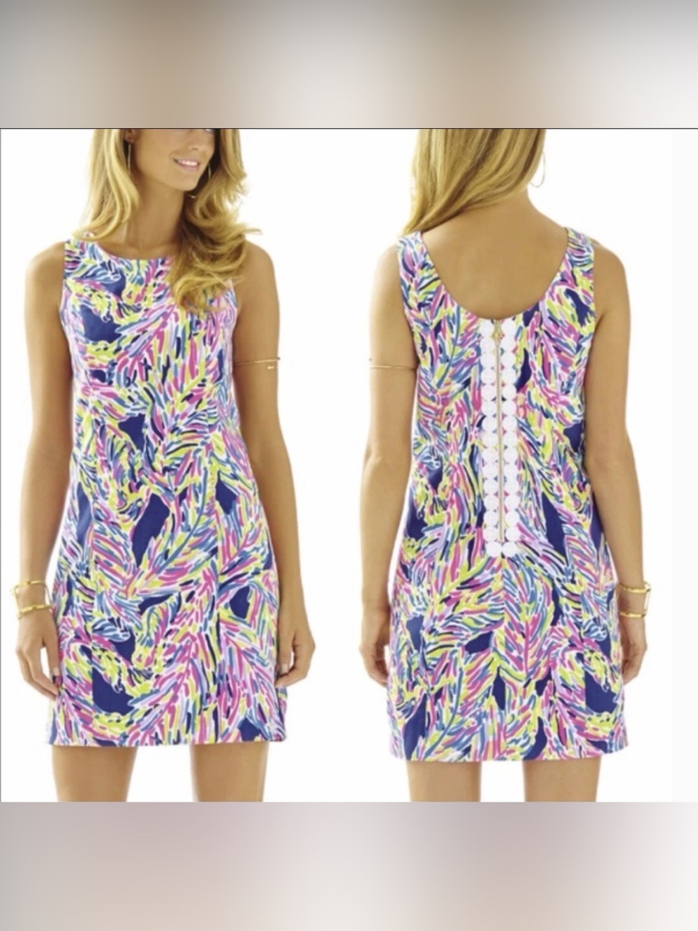 Lilly Pulitzer Cathy Shift Dress (Sz 10) Indigo Palm Reader Cotton Mini Hot Pink